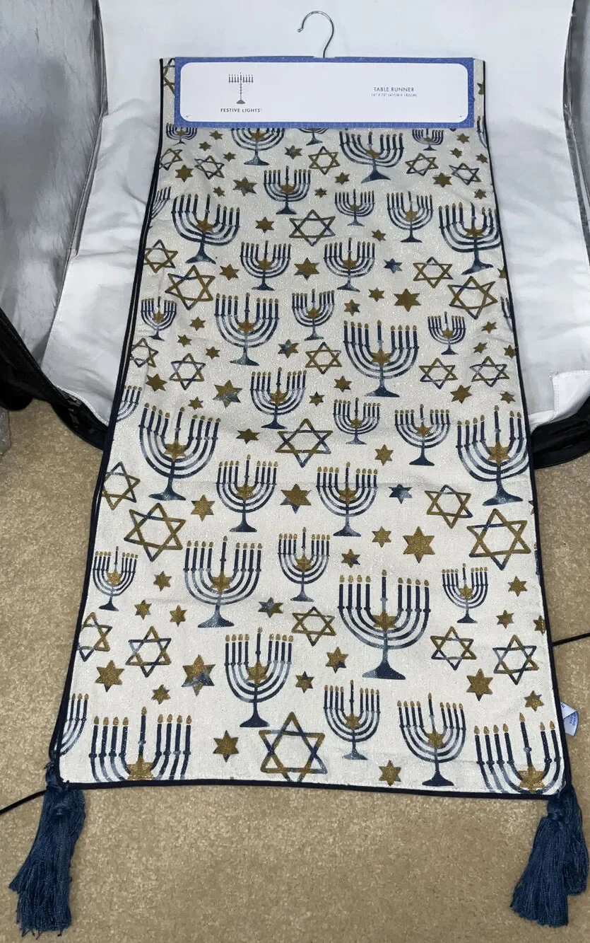 NEW HANUKKAH TABLE RUNNER 16x72” STAR OF DAVID MENORAH GOLD BLUE METALLIC